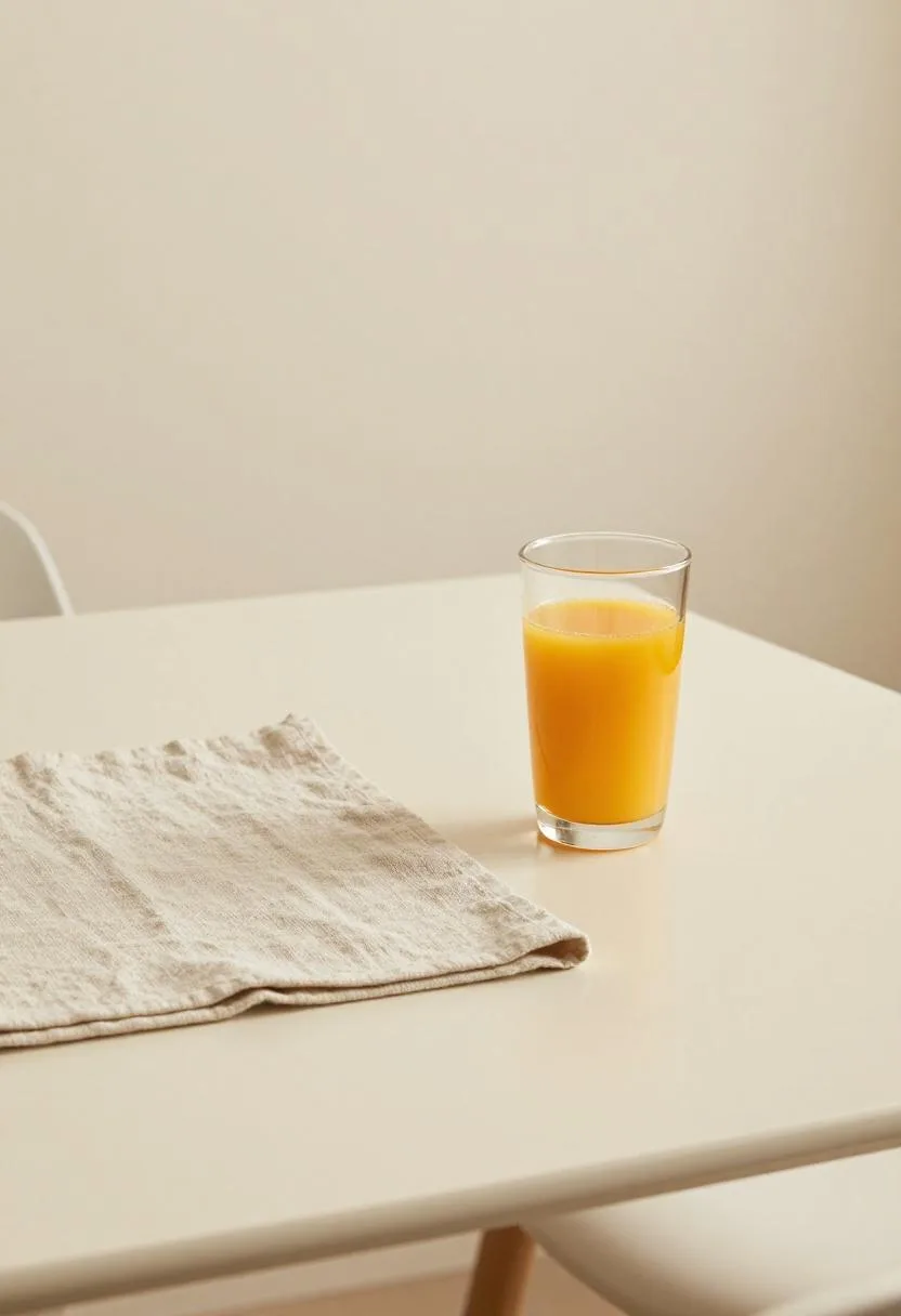 Cream breakfast table detail with natural linen placemat and fresh orange juice glass in morning light
