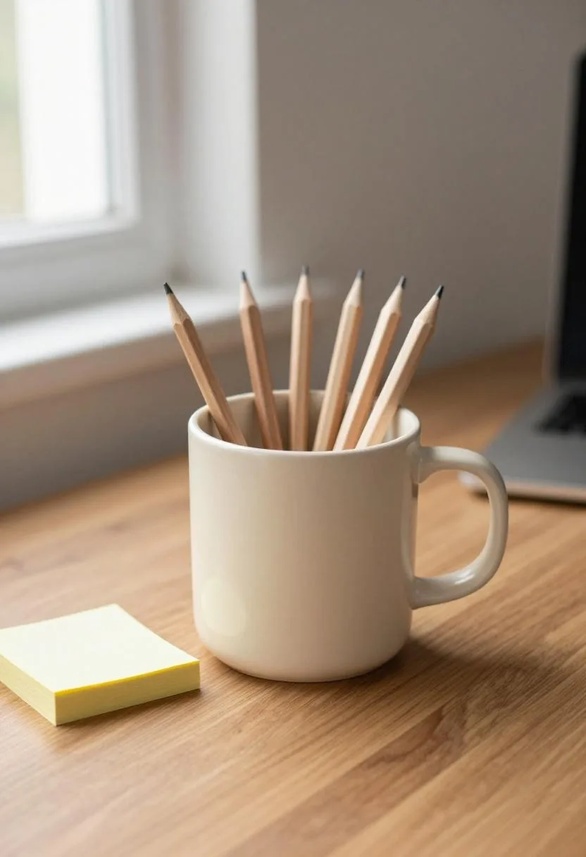 Cream ceramic pencil cup on an oak desk with a small sticky note stack placed beside it
