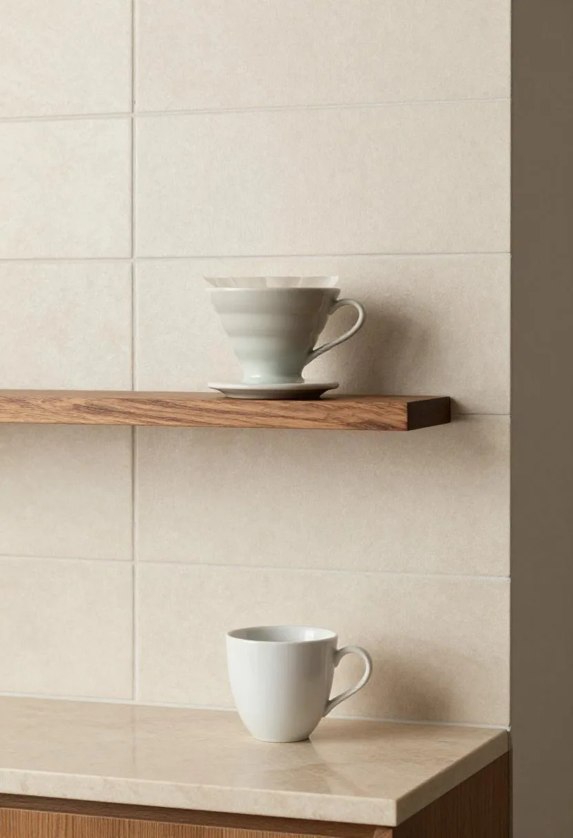 Cream ceramic tile backsplash behind walnut coffee shelf with pour-over kettle and white cup