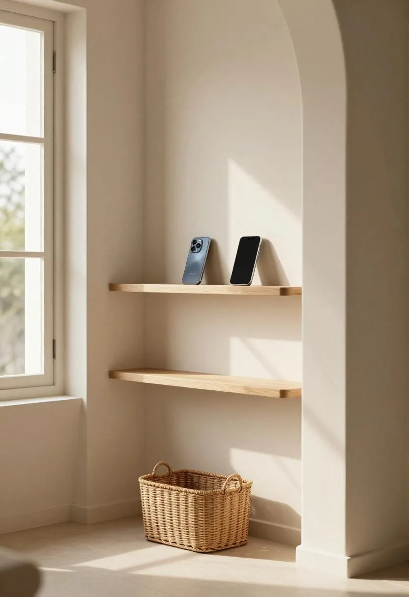 Cream entryway console with a timber charging shelf mounted above and a wicker key basket sitting below