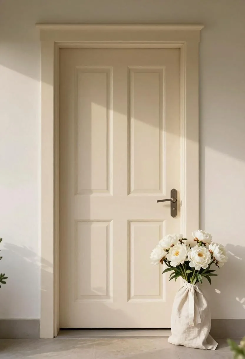 Cream farmhouse front door with a linen-tied peony bundle hanging at the frame edge in morning light