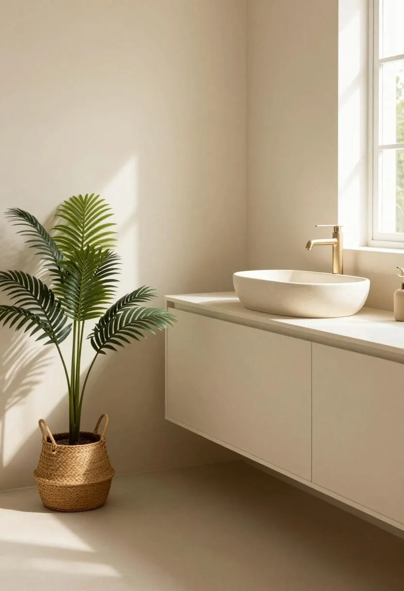 Warm cream floating vanity with an areca palm in a rattan planter in a bohemian bathroom