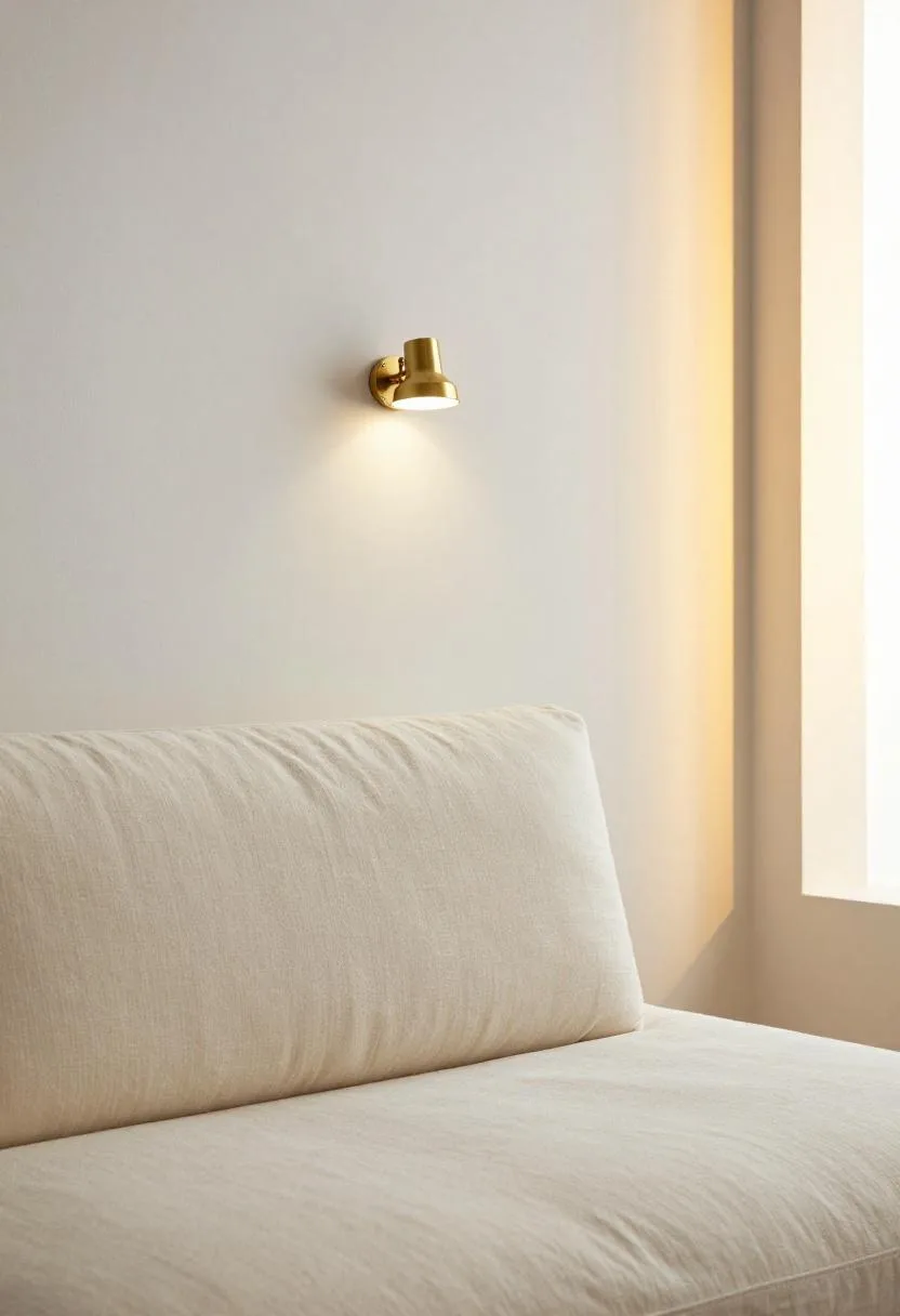 Cream floor cushion with brass clip light in a minimalist reading corner