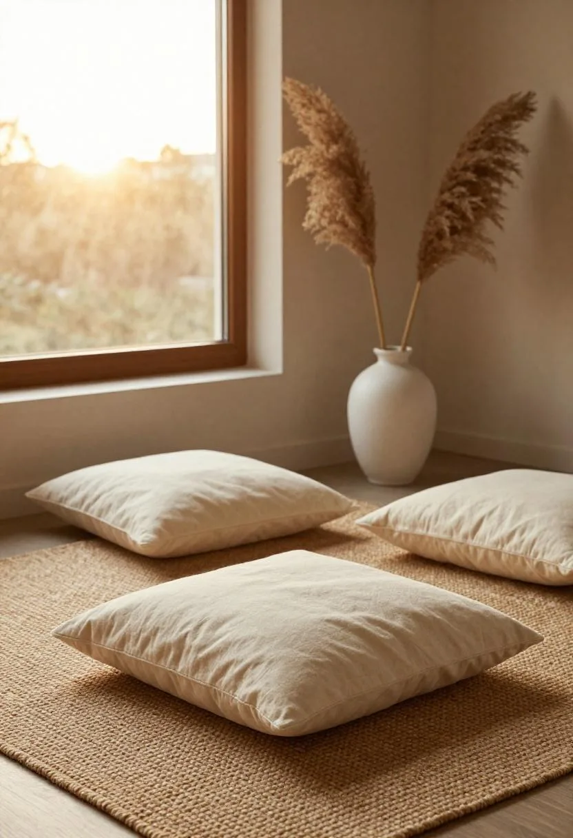 Cream cotton floor cushion on a jute rug with a pampas branch in a white ceramic vase
