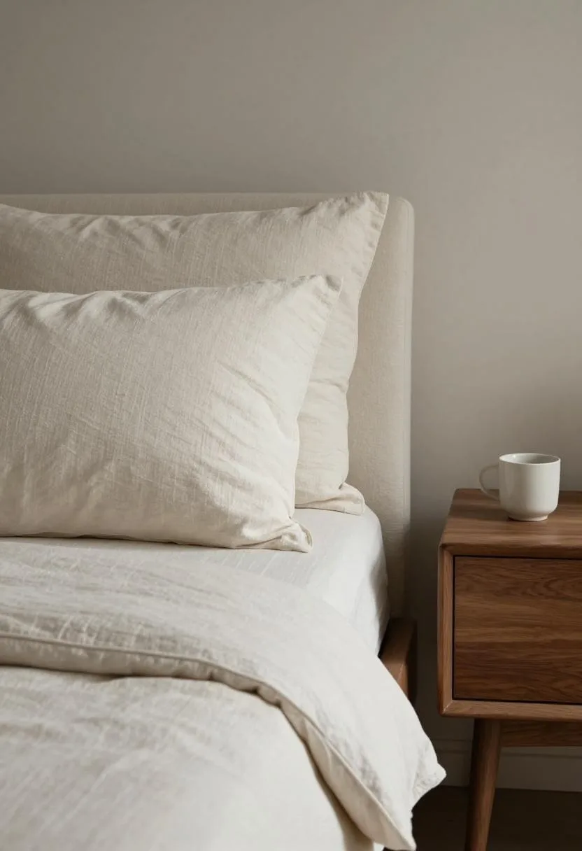 Cream linen upholstered headboard with a warm walnut nightstand and simple bedside details