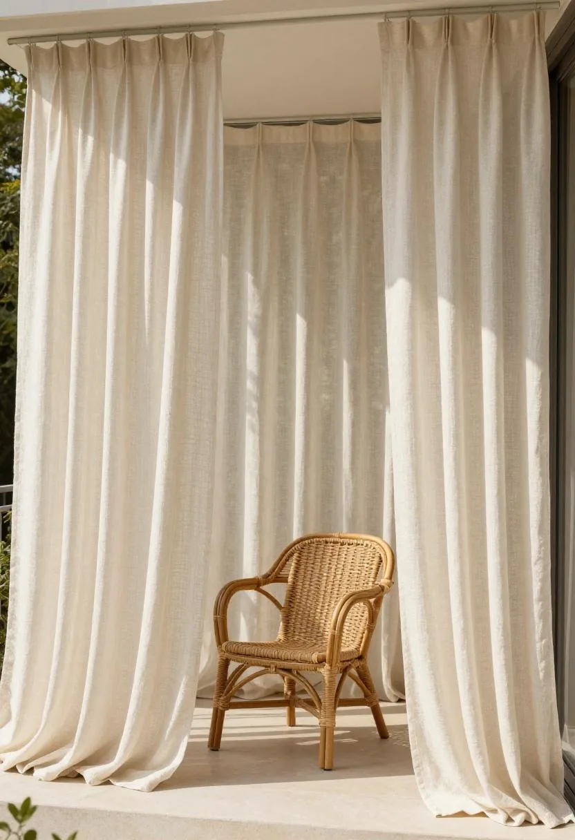 Cream linen curtains draped from a pergola creating an airy private outdoor retreat on a balcony