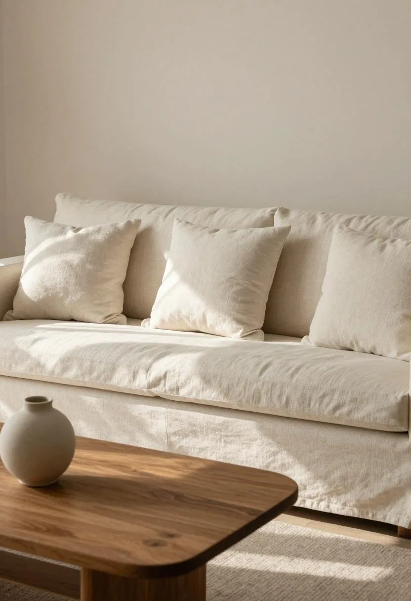 Cream linen sofa with layered ivory cushions and a ceramic vase on an oak coffee table