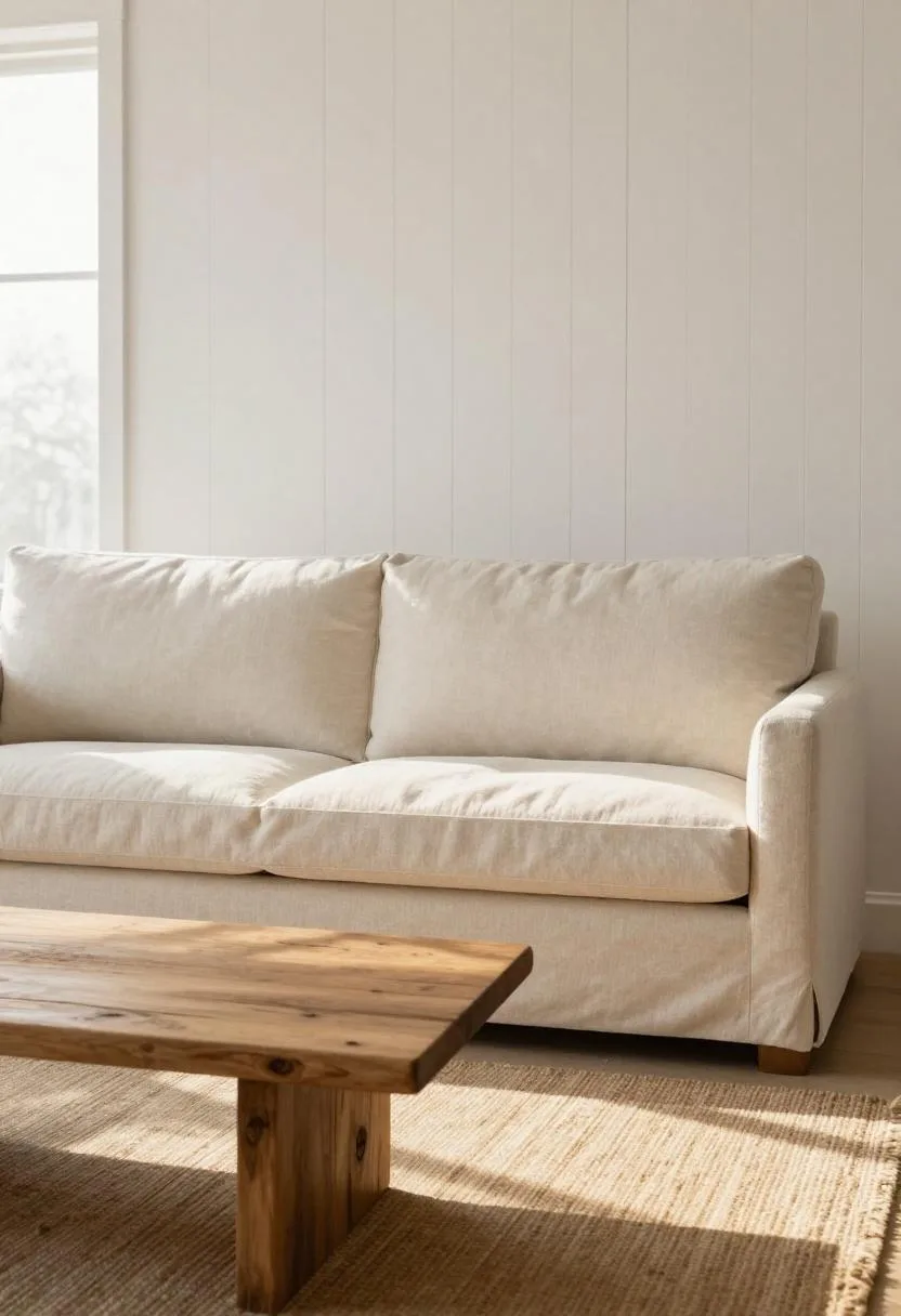 Cream linen sofa against a shiplap wall with reclaimed pine coffee table in morning light