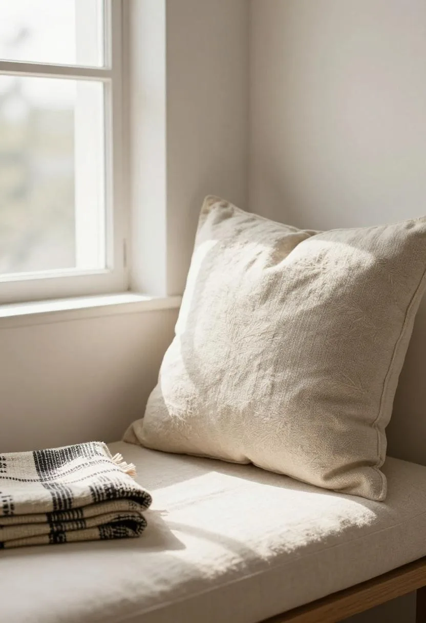 Cream linen window seat cushion with a bold mudcloth pillow bathed in warm morning sunlight