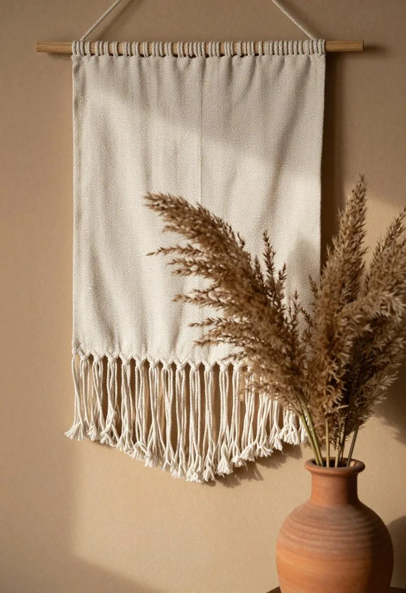 Cream macramé wall hanging above a terracotta vase filled with dried pampas grass in a bohemian living room