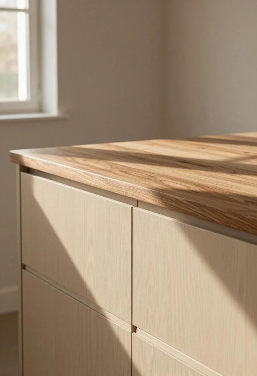 Cream oak island cabinets topped with rich walnut butcher block countertop in a transitional two-tone kitchen