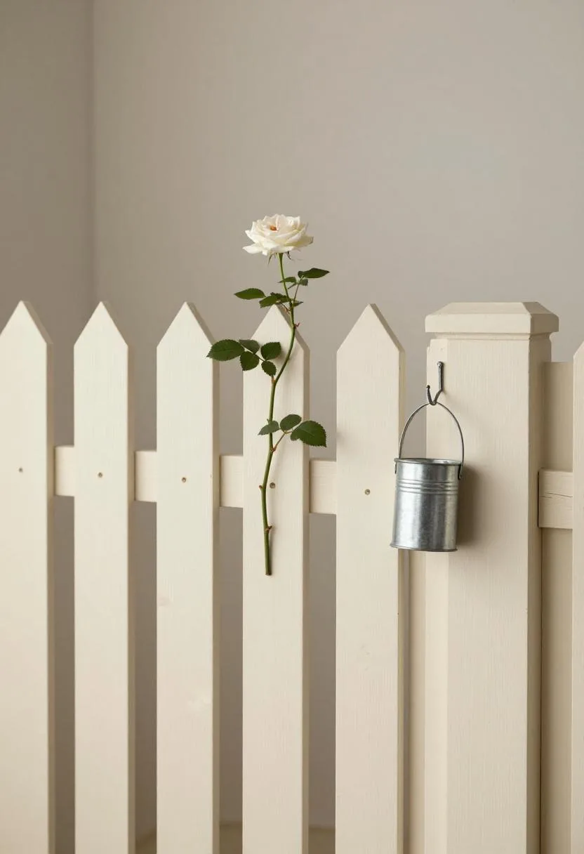 Cream picket fence with a climbing rose and hanging galvanized tin in diffused morning light