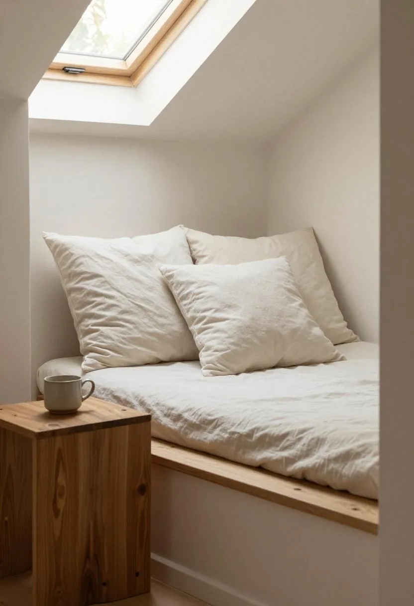 Cream white cotton reading nook built into a reclaimed oak alcove beneath a skylight