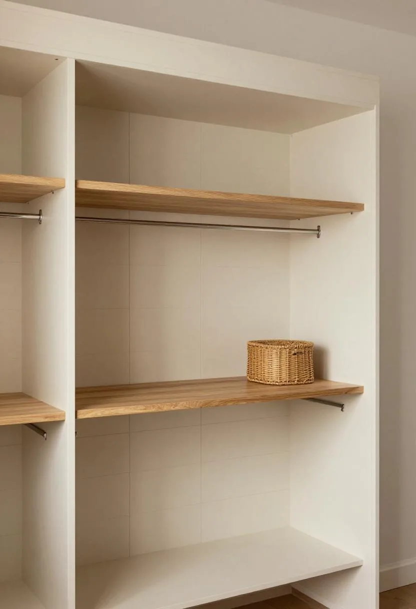 Cream shiplap closet office with pine desk surface and wicker storage basket on upper shelf
