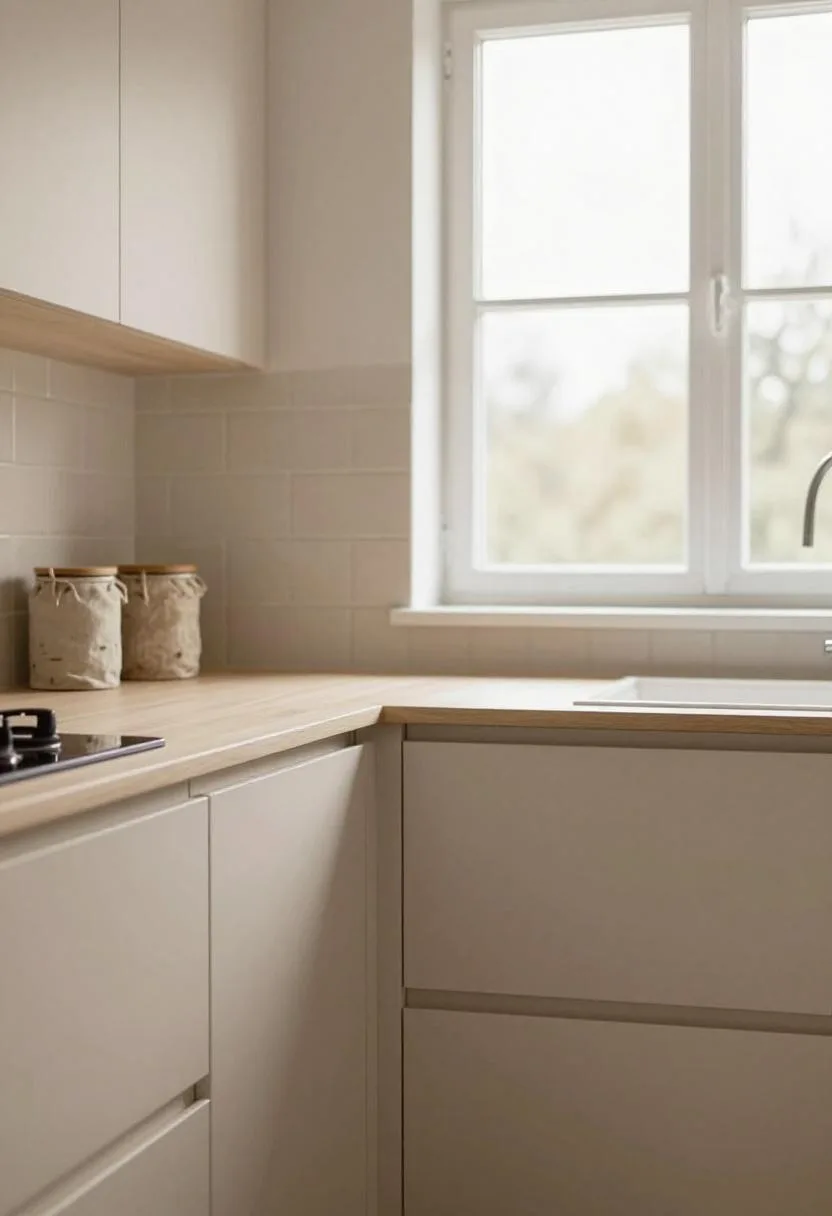 Cream subway tile backsplash with birch shelf and linen canisters in a light Scandinavian kitchen