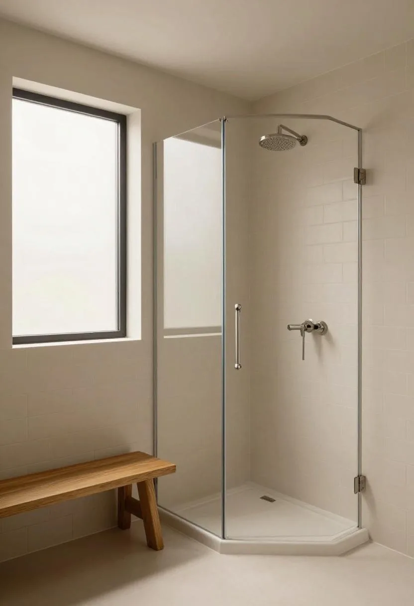 Cream subway tile walk-in shower with a teak bench under soft overcast light
