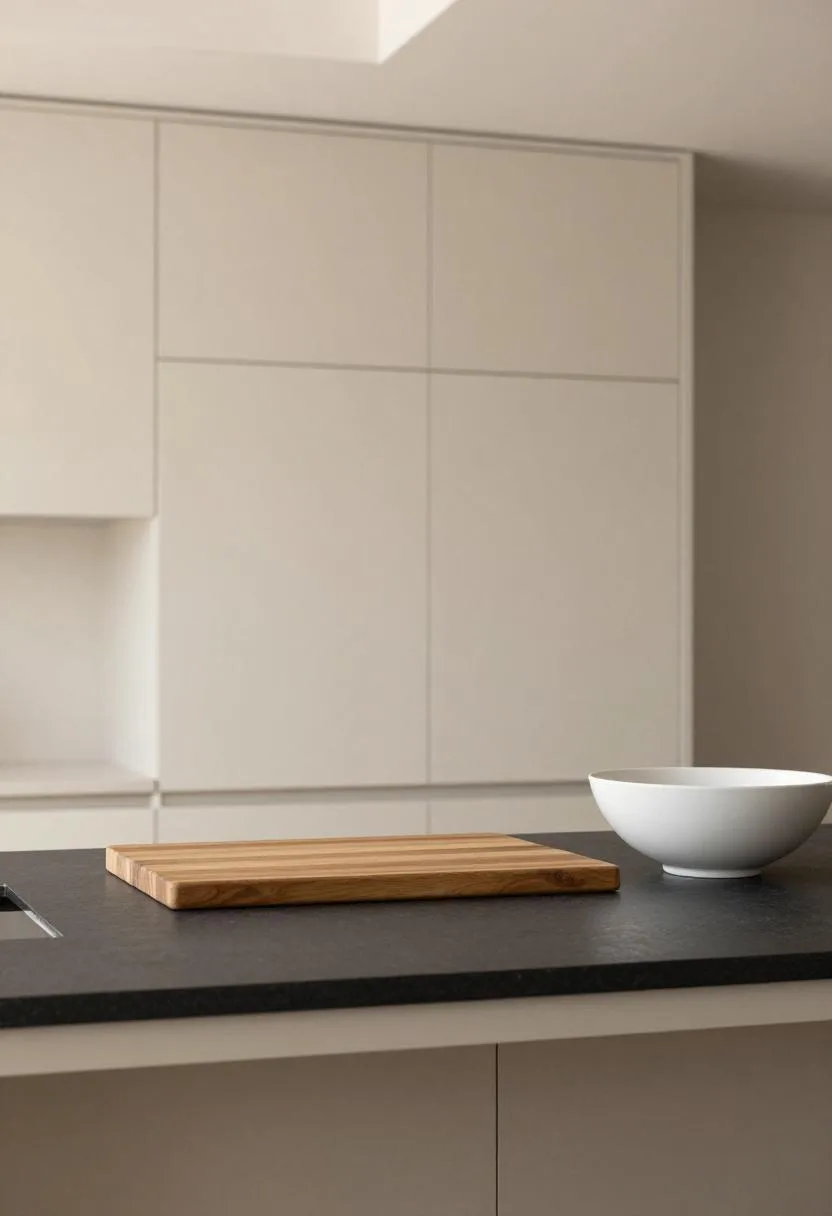Overhead view of cream upper cabinets framing a dark island in a transitional two-tone kitchen layout