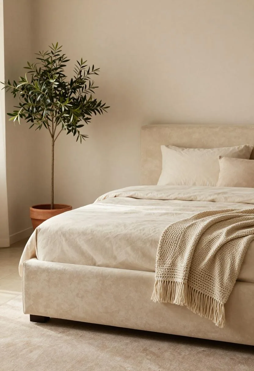 Cream velvet bed with a macramé throw blanket and a small potted olive tree in warm bohemian afternoon bedroom light