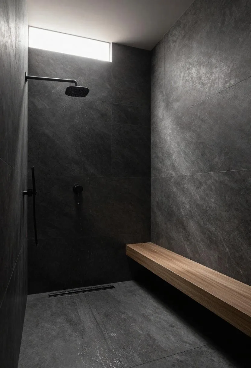 Dark basalt tile wet room with teak bench and matte black shower fittings