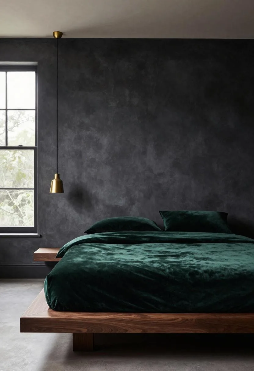 Interior design - dark bedroom walnut platform bed forest green velvet