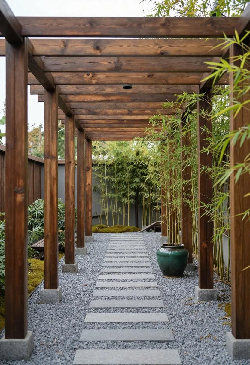 Dark cedar pergola entry over a gravel path with a deep-green glazed bamboo planter under overcast light
