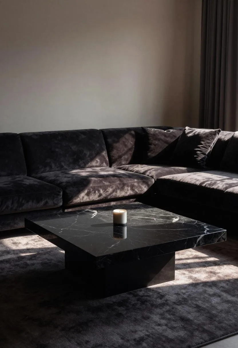 Dark charcoal sectional sofa with black marble coffee table in dramatic afternoon light