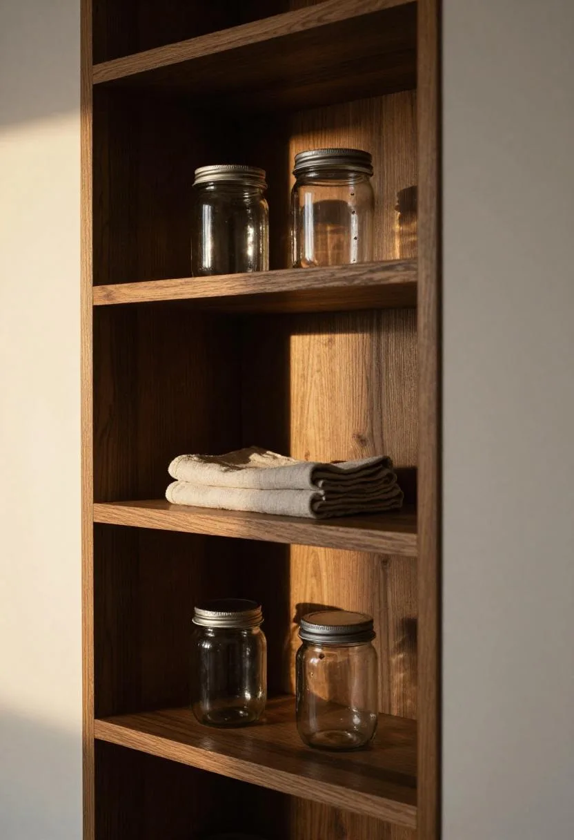 Dark espresso oak pantry shelves with glass mason jars full of dry goods and a linen towel accent