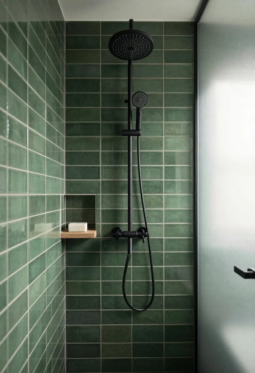 Interior design - dark green ceramic tile shower teak niche matte black