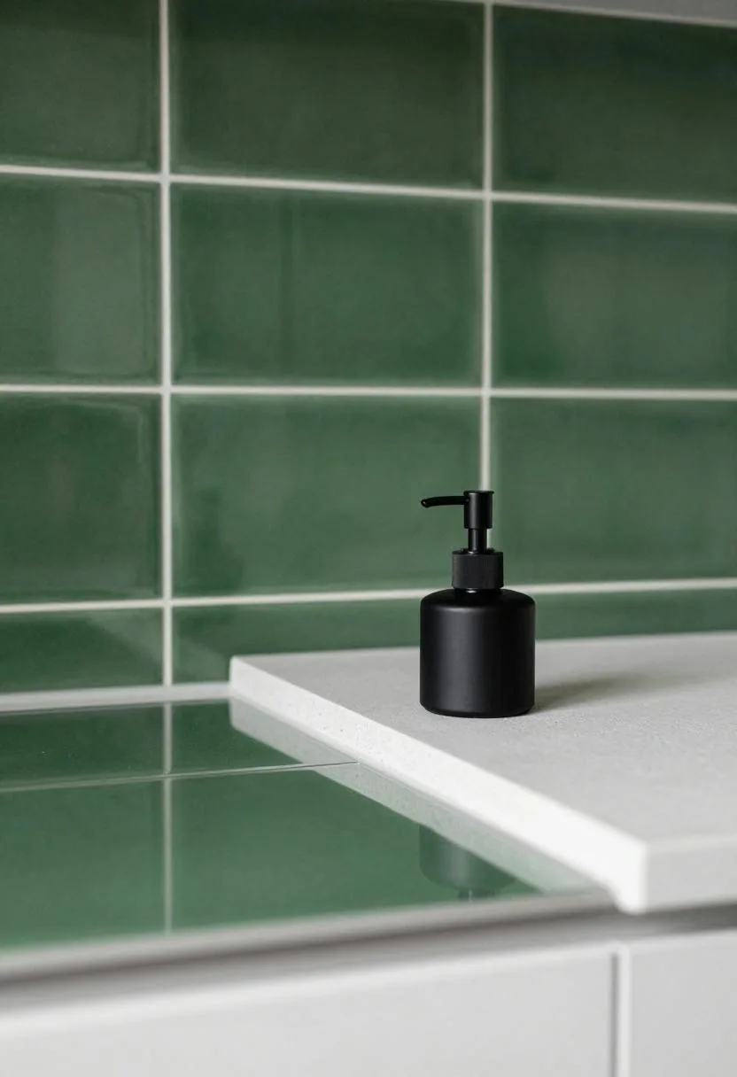Dark green glossy Japandi backsplash tile with white concrete counter and matte black soap dispenser