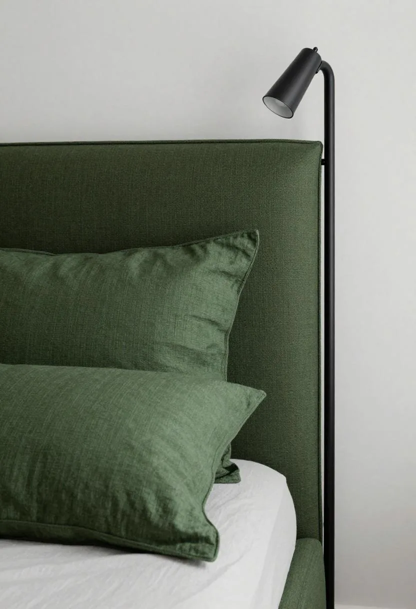 Dark green grasscloth headboard with linen pillows and a clipped iron reading light