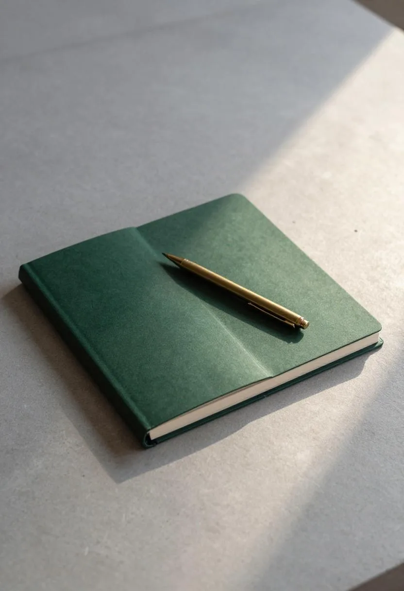 Dark green planner open on a concrete desk with a brass mechanical pencil resting on the open page