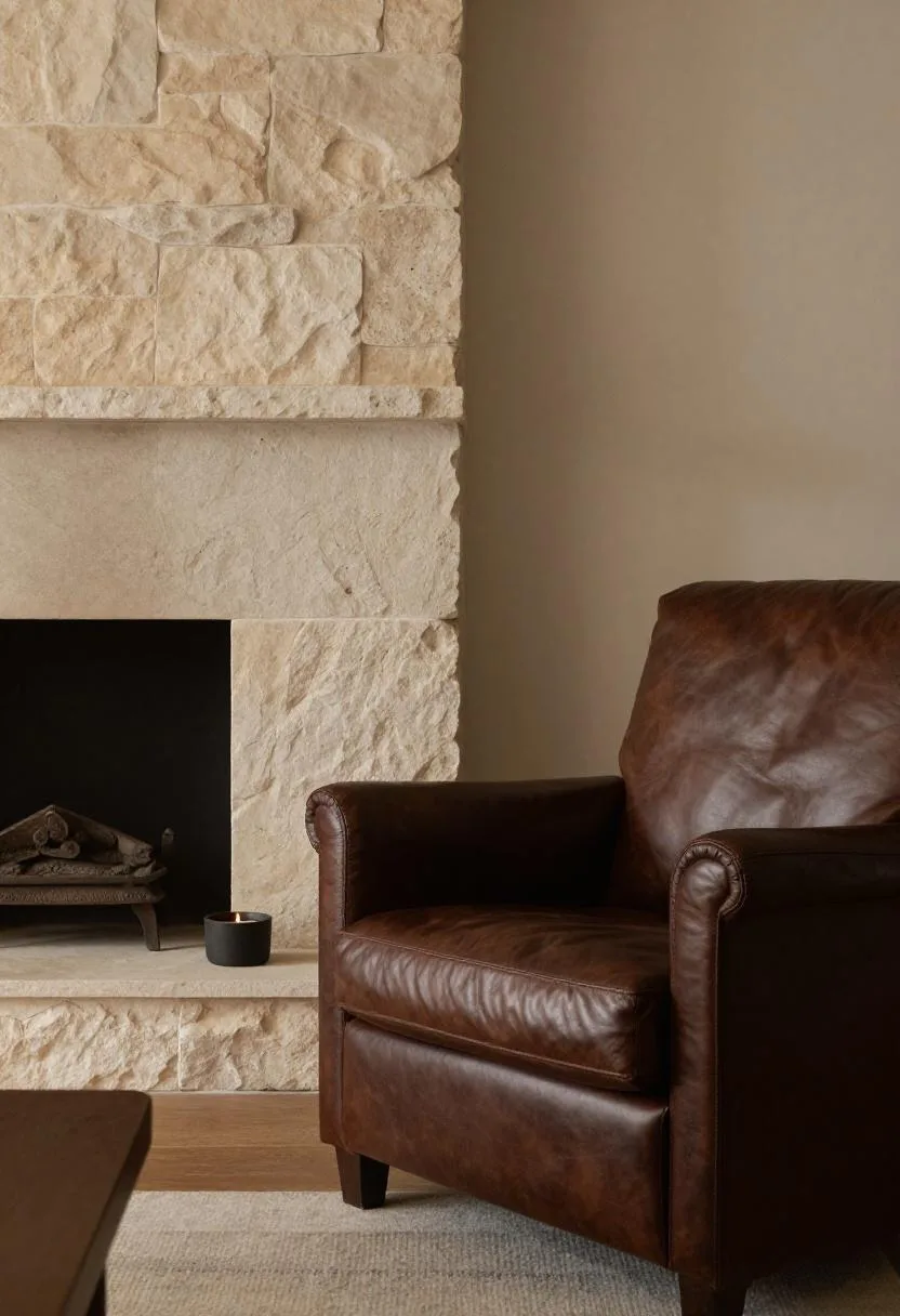 Dark leather armchair beside a stone fireplace in soft overcast light