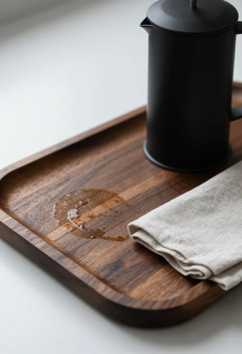 Dark oak tray with matte black French press and folded linen napkin styled as a coffee station