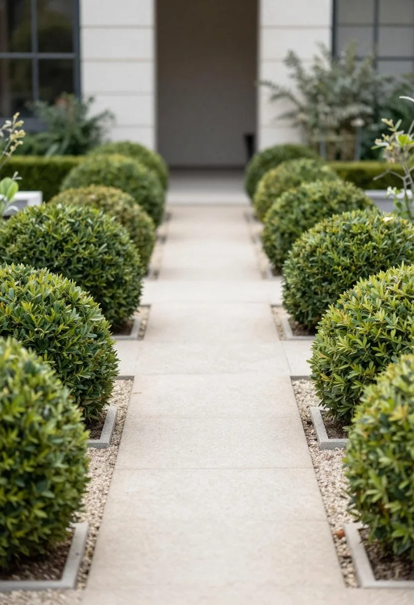 Dark olive boxwood spheres in slate planters lining a formal symmetrical garden path
