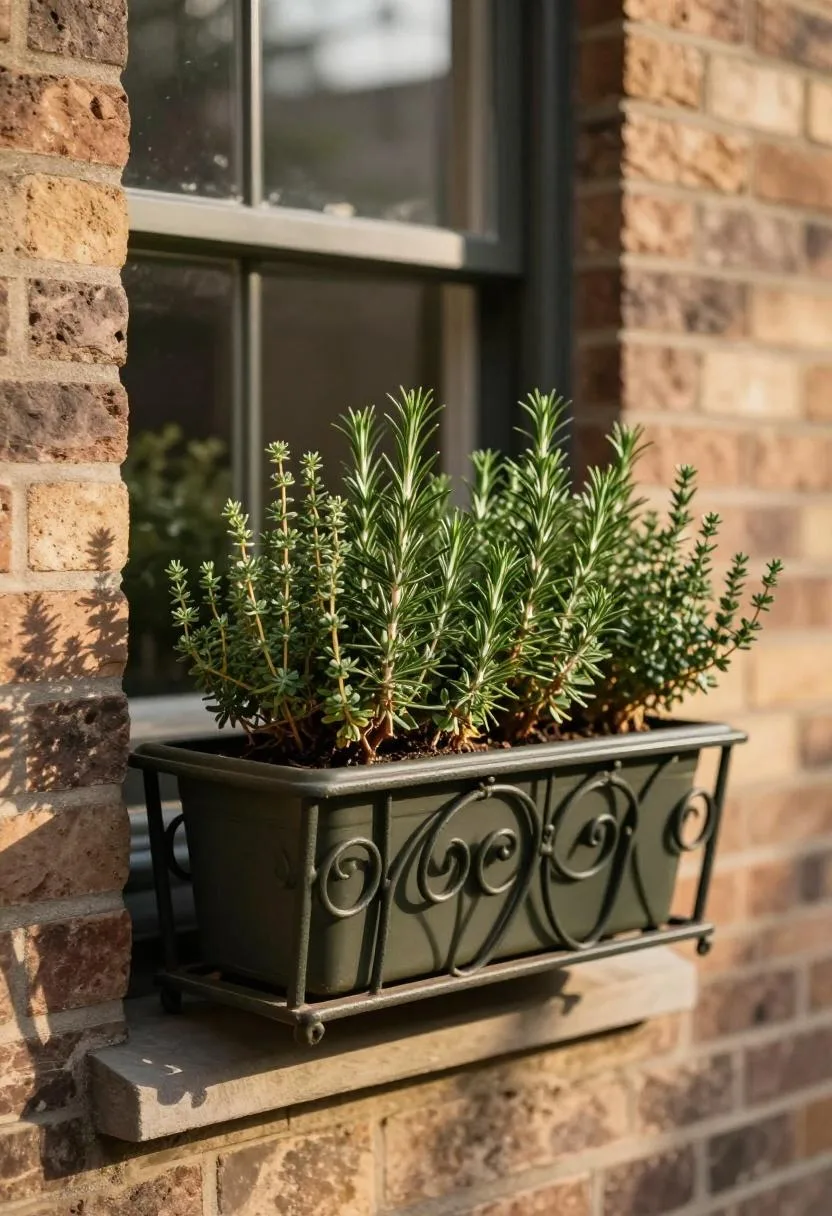 Dark olive window box of rosemary and thyme mounted on a sun-lit brick exterior