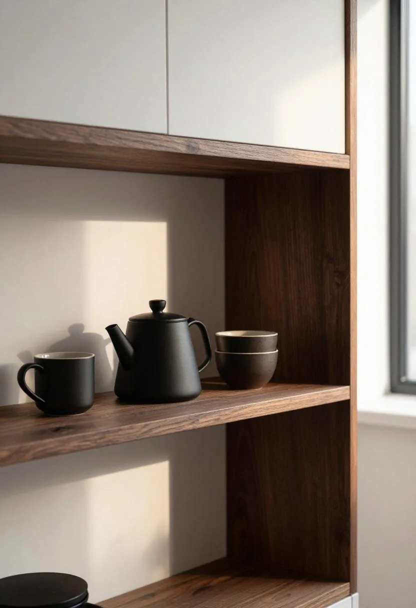 Dark pine pantry shelf with matte black kettle and stacked dark ceramic mugs in a Scandinavian kitchen nook