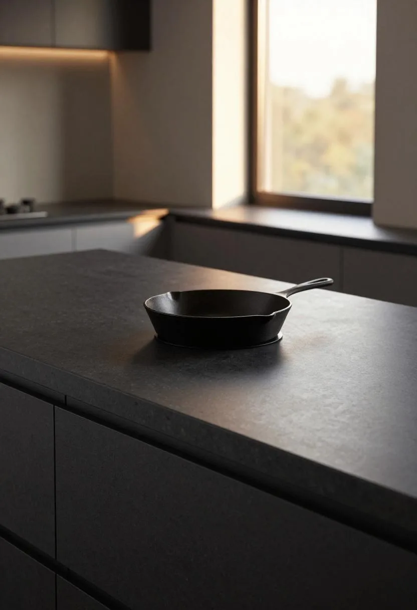 Sleek dark quartz island with a cast iron skillet as a functional centerpiece on the counter