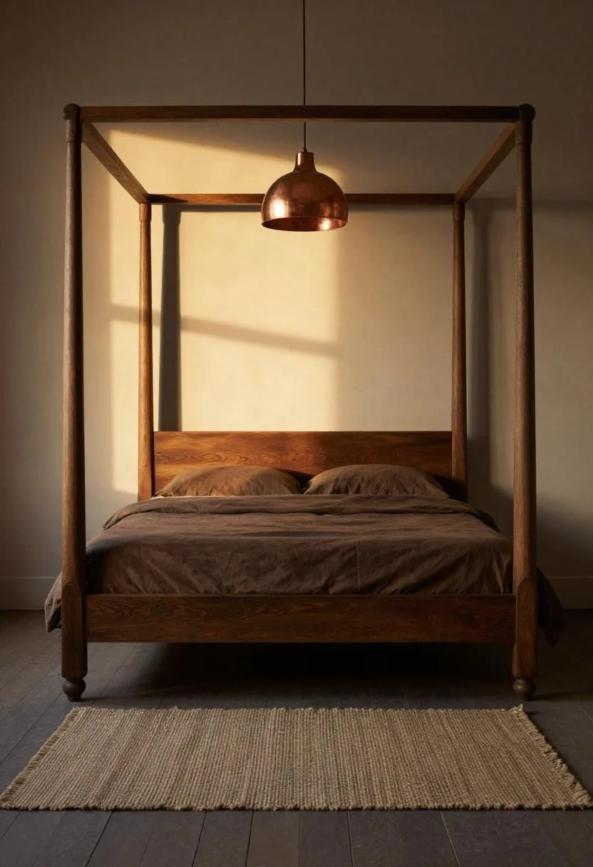 Dark timber four-poster bed with espresso cotton bedding and a hammered copper pendant in golden backlight