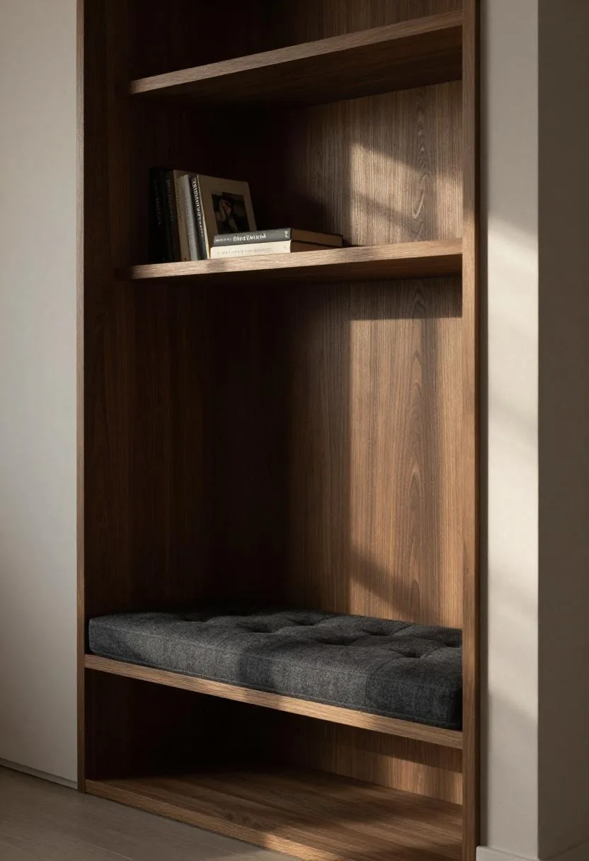 Dark walnut alcove nook with charcoal cotton bench and recessed shelf