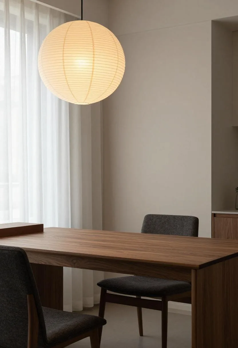 Dark walnut desk and charcoal linen chair beneath a warm washi pendant lamp in a Japandi home office