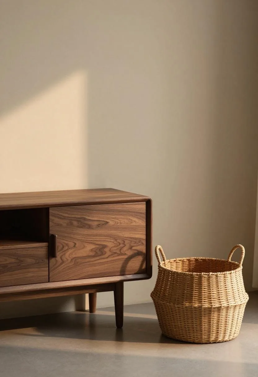 Dark walnut media console with a large woven market basket sitting beside it in warm afternoon light