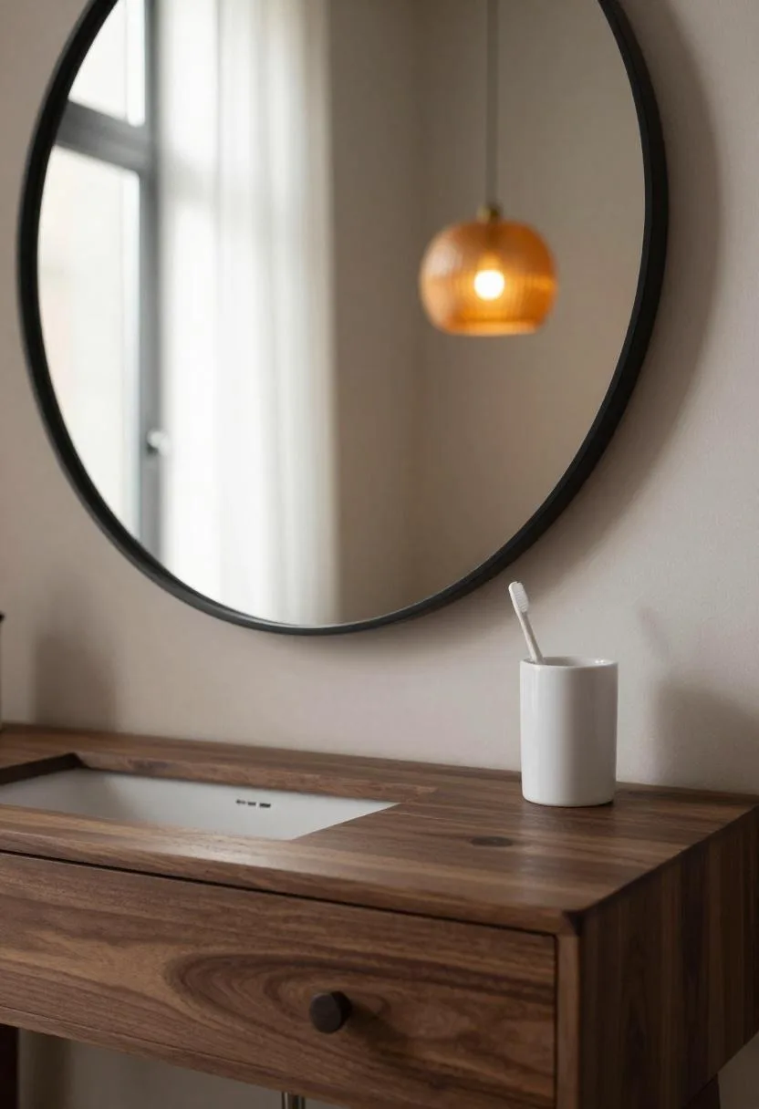 Dark walnut vanity with round mirror reflecting amber pendant light and ceramic toothbrush holder
