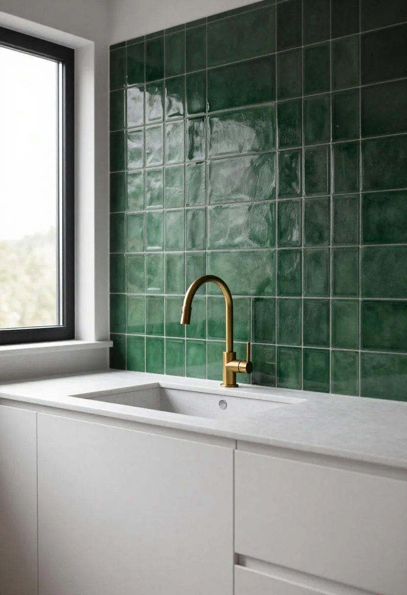 Interior design - deep green ceramic tile backsplash brass faucet