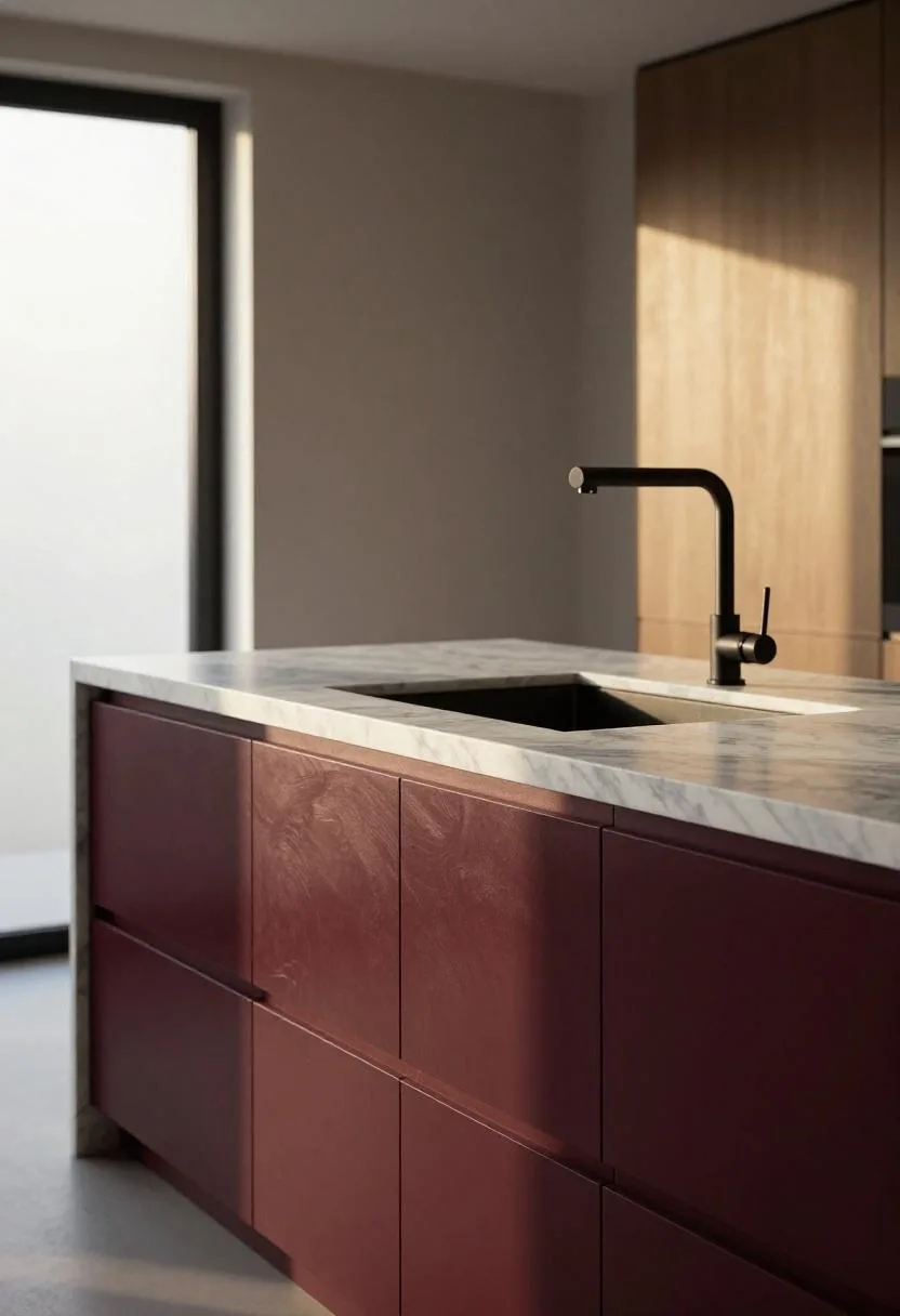 Deep plum lacquered island cabinets contrasted with white Carrara marble in a modern kitchen
