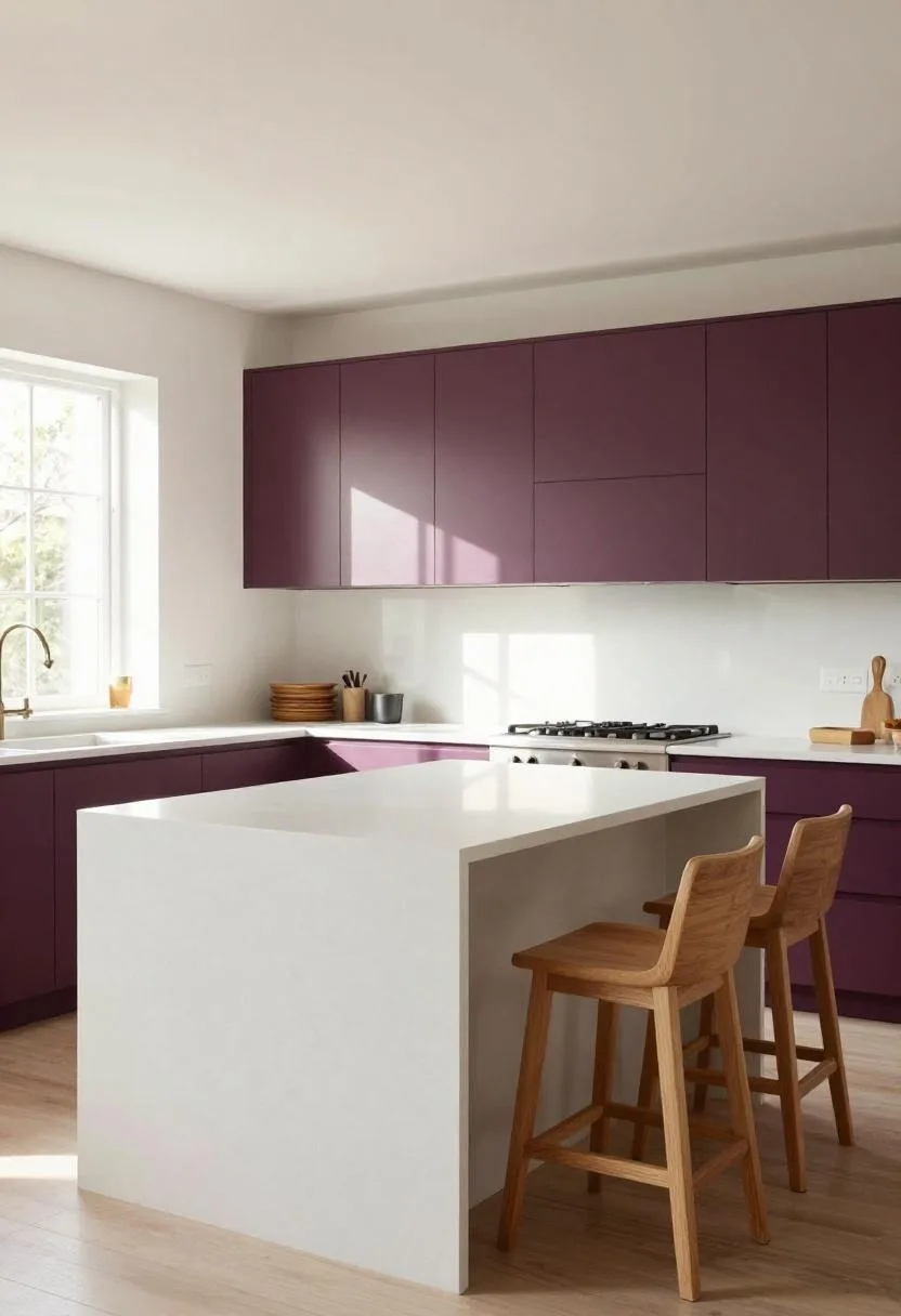 Deep plum lower cabinets anchoring a white quartz island with oak bar stools in a bold kitchen