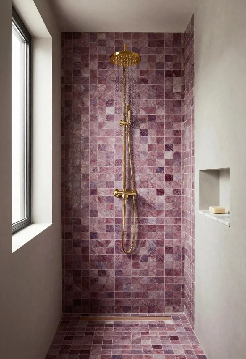 Bold shower enclosure in deep plum handcrafted zellige tiles with brushed gold rainfall showerhead and marble niche