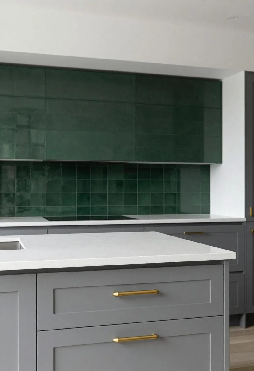 Deep sage porcelain tile backsplash behind white quartz island with brass hardware in a classic kitchen