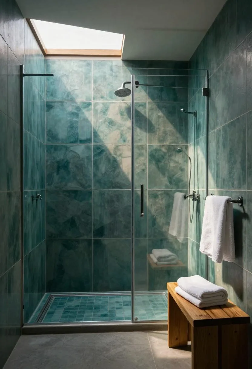 Deep teal glazed ceramic tile shower with a teak wood bench and a neatly folded white towel