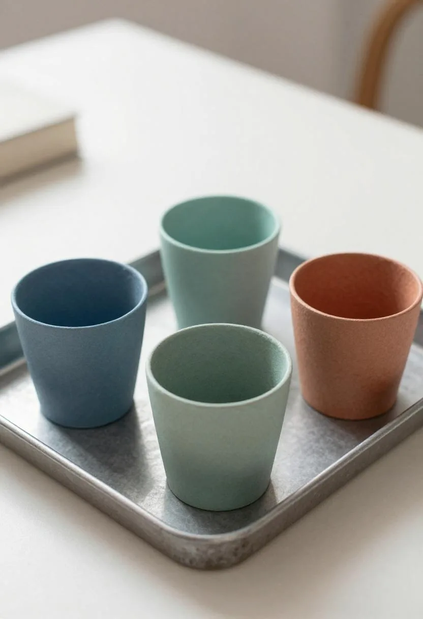 Overhead desk tray with cardboard pencil cups sorted by color family in a child's workspace