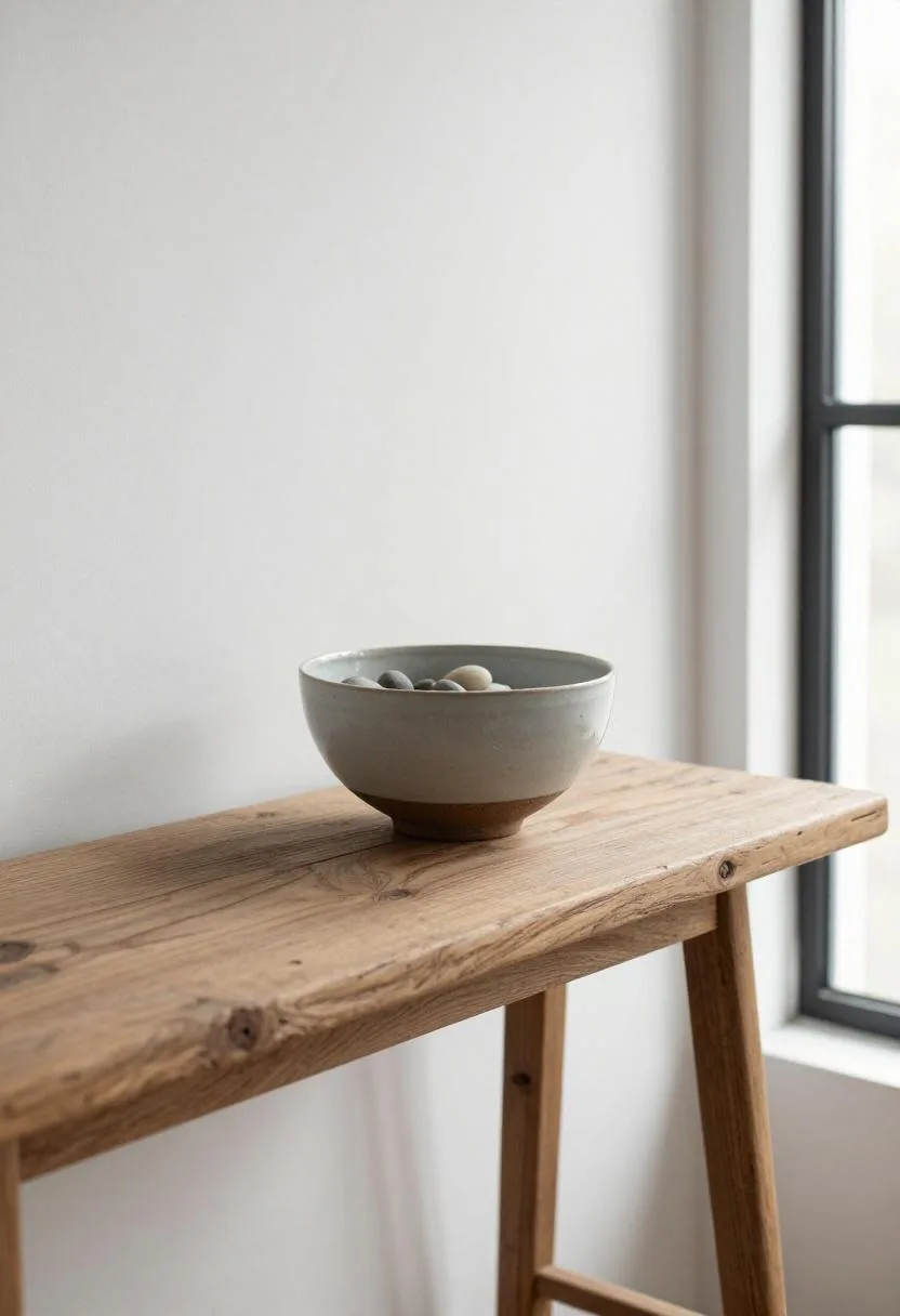 Distressed pine console with a ceramic river stone bowl in gentle morning side light